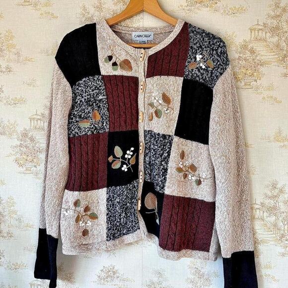 Vintage Sweaters - Vintage 90s Cabin Creek Cardigan Womens XL Patchwork Embroidered Cottagecore